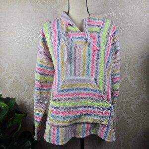 Artilana Size Large White w/ Multicolored Striped Hoodie Kangaroo Pocket Ties